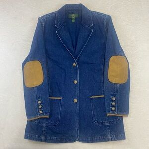 Vintage Orvis Denim Jean Chore Jacket Blazer Leather Elbow Patch Womens Size 8